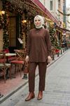 Kadın Kahverengi Keten Tesettür İkili Takım  Gömlek Tunik Pantolon Rahat Kesim