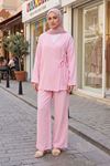 Kadın Pembe Yandan Bağlamalı Çilek Kumaş Kimono Tunik Pantolon Takım Kombin 