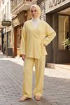 Kadın Sarı Yandan Bağlamalı Çilek Kumaş Kimono Tunik Pantolon Takım Kombin 