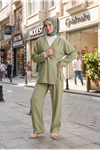Kadın Haki Yandan Bağlamalı Çilek Kumaş Kimono Tunik Pantolon Takım Kombin 