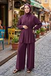 Kadın Bordo Tesettür İkili Takım  Kuşaklı Salaş Tunik Pantolon Takım Oversize Yazlık Tesettür Kombin