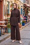 Kadın Kahve Tesettür İkili Takım  Kuşaklı Salaş Tunik Pantolon Takım Oversize Yazlık Tesettür Kombin
