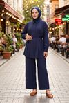 Kadın Lacivert Tesettür İkili Takım  Kuşaklı Salaş Tunik Pantolon Takım Oversize Yazlık Tesettür Kombin