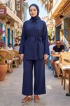 Kadın Lacivert Tesettür İkili Takım Gömlek Pantolon Takım Yazlık Rahat Kesim Oversize Günlük Kombin