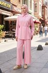 Kadın Pembe Tesettür İkili Takım Gömlek Pantolon Takım Yazlık Rahat Kesim Oversize Günlük Kombin