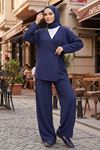 Kadın Lacivert Yandan Bağlamalı Çilek Kumaş Kimono Tunik Pantolon Yazlık Takım Kombin