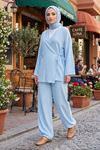 Kadın Bebe Mavi Yandan Bağlamalı Çilek Kumaş Kimono Tunik Pantolon Yazlık Takım Kombin