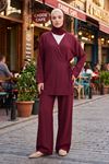 Kadın Bordo Yandan Bağlamalı Çilek Kumaş Kimono Tunik Pantolon Yazlık Takım Kombin