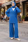 Kadın İndigo Yandan Bağlamalı Çilek Kumaş Kimono Tunik Pantolon Yazlık Takım Kombin