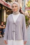 Kadın Gri Ön Bağlamalı Yeni Sezon Tren Çilek Kumaş İnce Tesettür Kimono Tunik