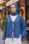 Kadın İndigo Ön Bağlamalı Yeni Sezon Tren Çilek Kumaş İnce Tesettür Kimono Tunik