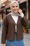 Kadın Kahve Ön Bağlamalı Yeni Sezon Tren Çilek Kumaş İnce Tesettür Kimono Tunik