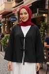 Kadın Siyah Ön Bağlamalı Yeni Sezon Tren Çilek Kumaş İnce Tesettür Kimono Tunik