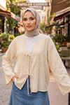 Kadın Ekru Ön Bağlamalı Yeni Sezon Tren Çilek Kumaş İnce Tesettür Kimono Tunik