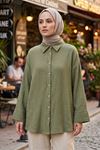 Kadın Haki Duble Geniş Kol Müslin Kumaş Yazlık Trend Tesettür Gömlek