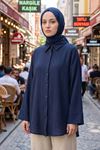 Kadın Lacivert Duble Geniş Kol Müslin Kumaş Yazlık Trend Tesettür Gömlek