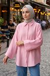 Kadın Pembe Duble Geniş Kol Müslin Kumaş Yazlık Trend Tesettür Gömlek