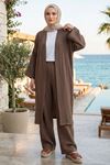 Kadın Duman Belden bağlamalı Yazlık Şık Trend Uzun Kimono Hırka Pantolonlu Tesettür Takım