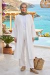 Kadın Ekru Belden bağlamalı Yazlık Şık Trend Uzun Kimono Hırka Pantolonlu Tesettür Takım