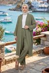 Kadın Haki Belden bağlamalı Yazlık Şık Trend Uzun Kimono Hırka Pantolonlu Tesettür Takım
