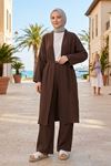 Kadın Kahve Belden bağlamalı Yazlık Şık Trend Uzun Kimono Hırka Pantolonlu Tesettür Takım