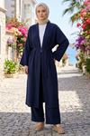 Kadın Lacivert Belden bağlamalı Yazlık Şık Trend Uzun Kimono Hırka Pantolonlu Tesettür Takım
