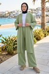 Kadın Mint Yeşil Belden bağlamalı Yazlık Şık Trend Uzun Kimono Hırka Pantolonlu Tesettür Takım