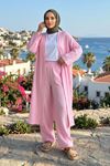 Kadın Pembe Belden bağlamalı Yazlık Şık Trend Uzun Kimono Hırka Pantolonlu Tesettür Takım