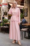 Kadın Pembe Geniş Kollu Bağlamalı Bluz Tunik Etekli Tesettür Takım