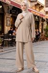 Kadın Vizon Yandan Bağlamalı Çilek Kumaş Kimono Tunik Pantolon Takım Kombin
