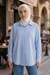 Kadın Mavi Çizgili Oversize Gömlek Pamuklu Tesettür Giyim Rahat Kalıp Geniş Kesim Tesettür Tunik Gömlek