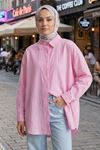 Kadın Pembe Çizgili Oversize Gömlek Pamuklu Tesettür Giyim Rahat Kalıp Geniş Kesim Tesettür Tunik Gömlek