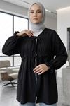 Kadın Ön Büzgülü Detaylı Kol Lastikli Bağlamalı Tesettür Siyah Kimono Hırka Tunik