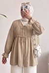 Kadın Ön Büzgülü Detaylı Kol Lastikli Bağlamalı Tesettür Vizon Kimono Hırka Tunik