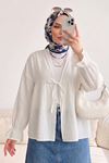 Kadın Roba Büzgülü Kol Lastik İnce Çilek Kumaş  Yazlık Trend Tesettür Ekru Kimono Hırka Tunik