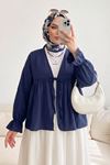 Kadın Roba Büzgülü Kol Lastik İnce Çilek Kumaş  Yazlık Trend Tesettür Lacivert Kimono Hırka Tunik