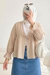Kadın Roba Büzgülü Kol Lastik İnce Çilek Kumaş  Yazlık Trend Tesettür Bej Kimono Hırka Tunik