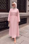 Trend Tesettür Pembe Cupro Elbise Kuşaklı Beli Bağlamalı Şık ve Günlük Uzun Elbise Sade Düz Elbise