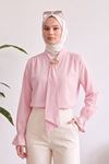 Trend Tesettür Pembe Fular Yaka Bluz Şık Broş Detaylı Gipeli Kol Tesettür Tunik Bluz