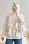 Trend Tesettür Ekru Fırfırlı Gömlek Yaka Bluz Önü Volanlı Düğmeli Şık ve Günlük Yazlık Tesettür Tunik Bluz