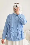 Trend Tesettür Mavi Fırfırlı Gömlek Yaka Bluz Önü Volanlı Düğmeli Şık ve Günlük Yazlık Tesettür Tunik Bluz
