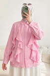 Trend Tesettür  Pembe Fırfırlı Gömlek Yaka Bluz Önü Volanlı Düğmeli Şık ve Günlük Yazlık Tesettür Tunik Bluz