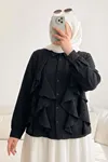 Trend Tesettür Siyah Fırfırlı Gömlek Yaka Bluz Önü Volanlı Düğmeli Şık ve Günlük Yazlık Tesettür Tunik Bluz
