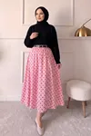 Kadın Trend Tesettür Puantiyeli Uzun Etek Pembe Kemerli Yüksek Bel Kloş Şık ve Günlük Etek