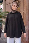 Kadın Siyah Çilek Kumaş Trend Tesettür Tunik Düğmeli Oversize Dökümlü Rahat Gömlek Tunik