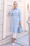 Kadın Tesettür Mavi Tensel Kumaş Gömlek Tunik Beli Kuşaklı Boydan Düğmeli Trend Tesettür Uzun Tunik