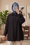 Kadın Siyah Çilek Kumaş Trend Tesettür Tunik Düğmeli 78 CM Oversize Dökümlü Rahat Gömlek Tunik