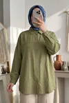 Kadın Siyah Çilek Kumaş Trend Tesettür Tunik Düğmeli 78 CM Oversize Dökümlü Rahat Gömlek Tunik