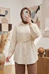 Kadın Taş Çilek Kumaş Trend Tesettür Tunik Düğmeli 78 CM Oversize Dökümlü Rahat Gömlek Tunik