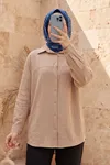 Kadın Vizon Çilek Kumaş Trend Tesettür Tunik Düğmeli 78 CM Oversize Dökümlü Rahat Gömlek Tunik